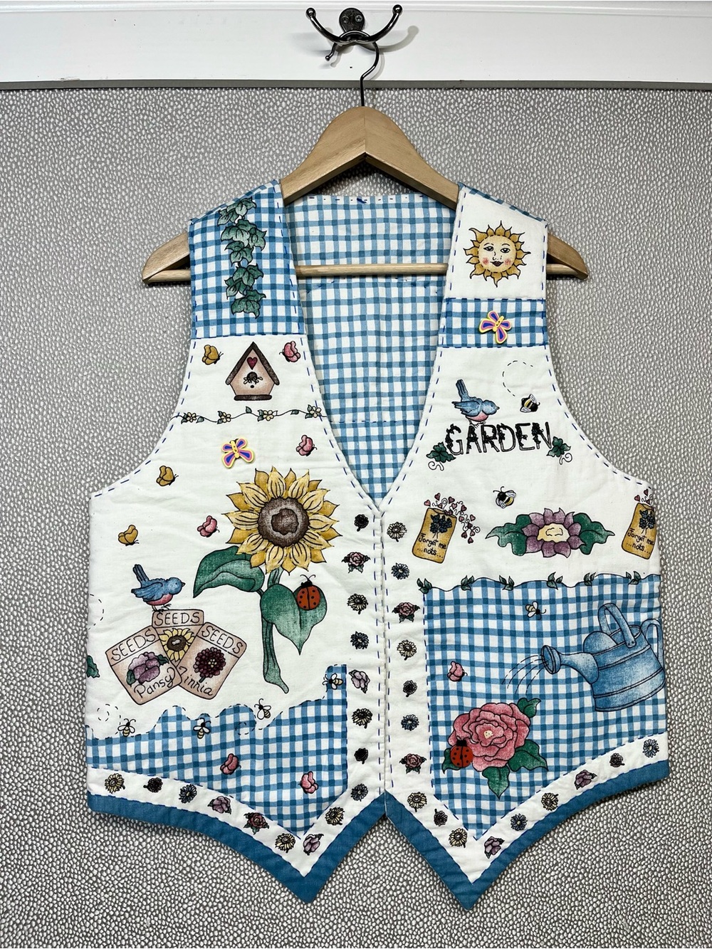 XL Handmade Vintage 80s/90s Blue and White Gingham Vest Garden Print